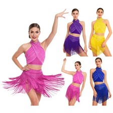 Womens Dancewear Latin Outfit Party Dress Stage Costume 2 Piece Sleeveless Jazz