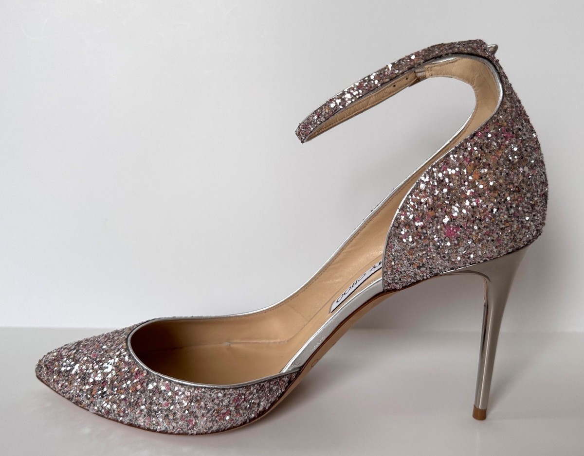 JIMMY CHOO グリッターパンプス22.5cm ピンクシルバー NEW JIMMY CHOO SILVER PINK GLITTER ANKLE STRAP HIGH HEEL PUMPS 41