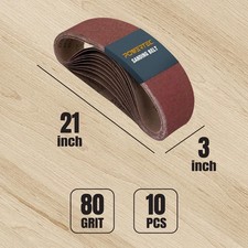 POWERTEC 3 x 21 Inch Sanding Belts, 10PK, 80 Grits 80 Grit, 10pk, Red, Brown