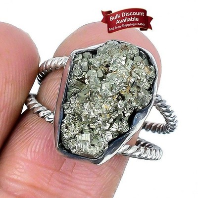 Pyrit Druzy Stein 925 Sterling Silber Mutter Statement Neu Trendy Ring Schmuck