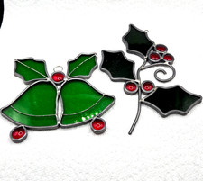 Vintage Suncatcher Christmas Bells Window Hanging Stained Glass With Holly