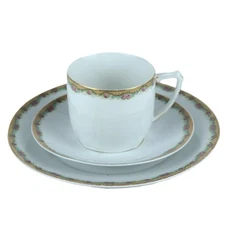 Vintage Floral China Trio – Teacup, Saucer & Plate w/ Gold Lattice, Unmarked