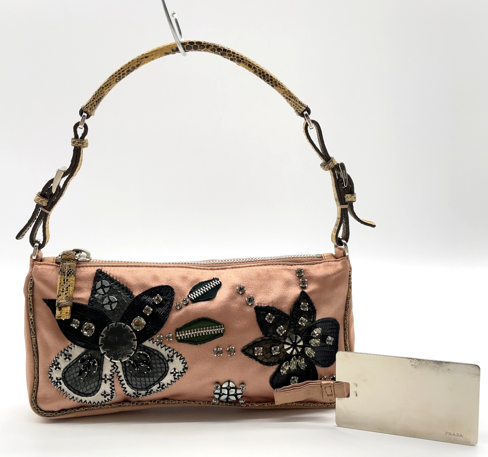 Auth Prada Flora Patch Satin Python Print Pink Mi… - image 2