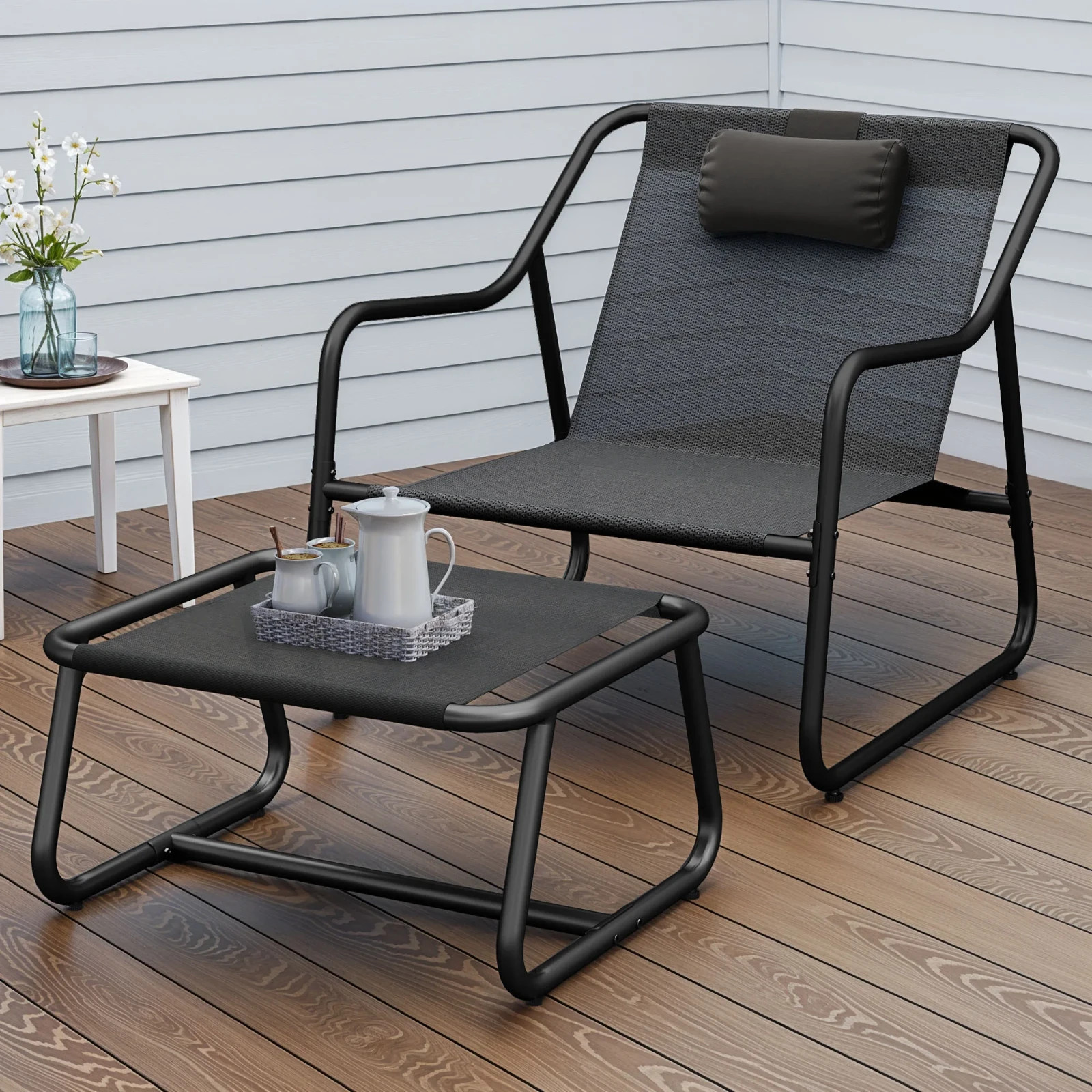 Uforic Patio Outdoor Lounge Chair with Ottoman, Comfy Sling Chair with Footstool