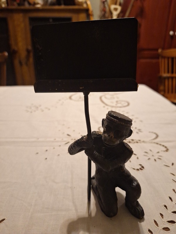 Vintage Cast Metal Monkey Bellhop Card Holder 8” Black & Gold Sign Display Mount