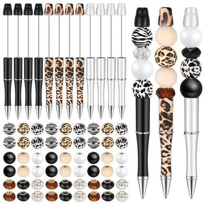 12 Set Plastic Beadable Pens Assorted Bead Pens Crystal Wood Round Spacer Set...
