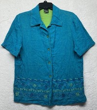 Ali Miles Womens Size M Blue Short Sleeve Button Up Linen Blend Top (M1)