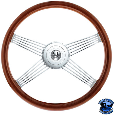 18'' CHROME 4 SPOKE WITH WIRE CUTOUT STEERING WHEEL WITH HORN BEZEL & BUTTON-WOOD