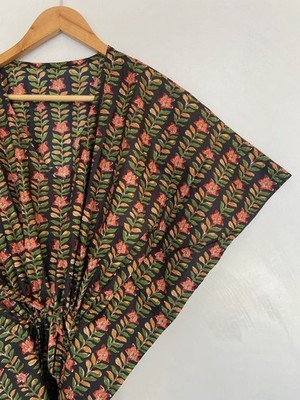 Indian Black Floral Handmade Cotton Kaftan Maxi Dress Women's Clothing Gown US