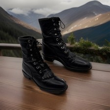 Vintage 90s Justin Roper Kiltie Black Leather Lace Up Western Combat Boots 6B