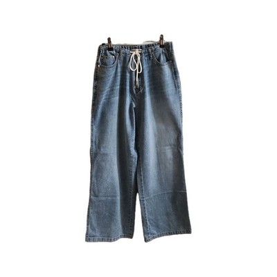 OAT New York Women s Blue Wide-Leg Denim Jeans Drawstring Solid 5-Pocket
