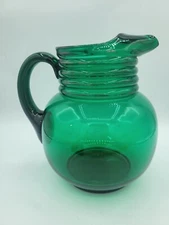 Vintage ART DECO Emerald Green GLASS Ball PITCHER Ribbed  8" TALL