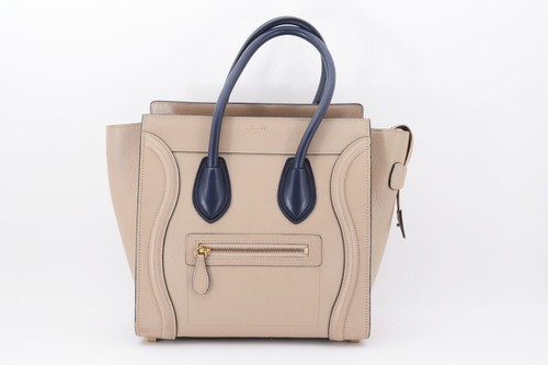 Celine Nano Luggage Leather Handbag Beige x Dark Blue [ Rank AB ] Japan #H209