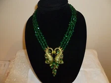 High End  Green Beaded "Swan In Love" Necklace  Stunning!