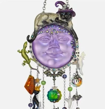 Kirks Folly Salem Cat Over the Goddess Seaview Moon Wind Chime Silver Tone