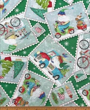 P & B Textiles Christmas Gnomes Postcard Toss on Green 100% Cotton Fabric Price