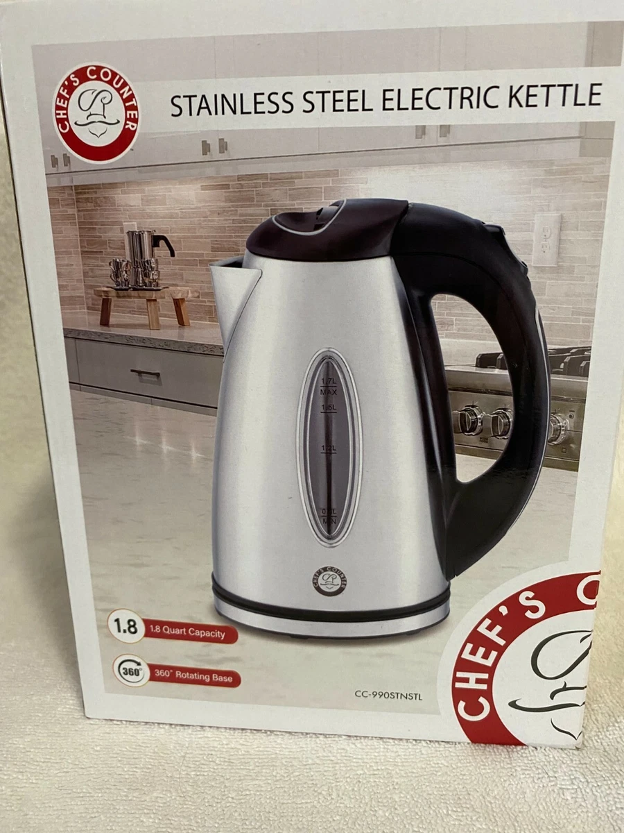 Chef s Counter Stainless Steel Electric Kettle 1.8 Quart Capacity Rotating Base