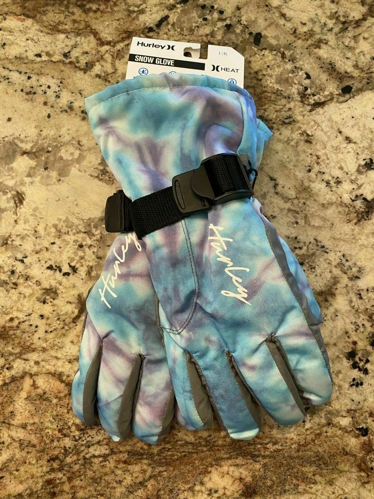 NWT Ladies HURLEY Snow Glove Heat L/XL New Tie Dye Blue Water Resistant