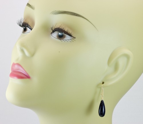 Blue Goldstone Earrings Smooth Long Teardrops Sterling 14k Yellow Gold Sterling - Picture 3 of 4