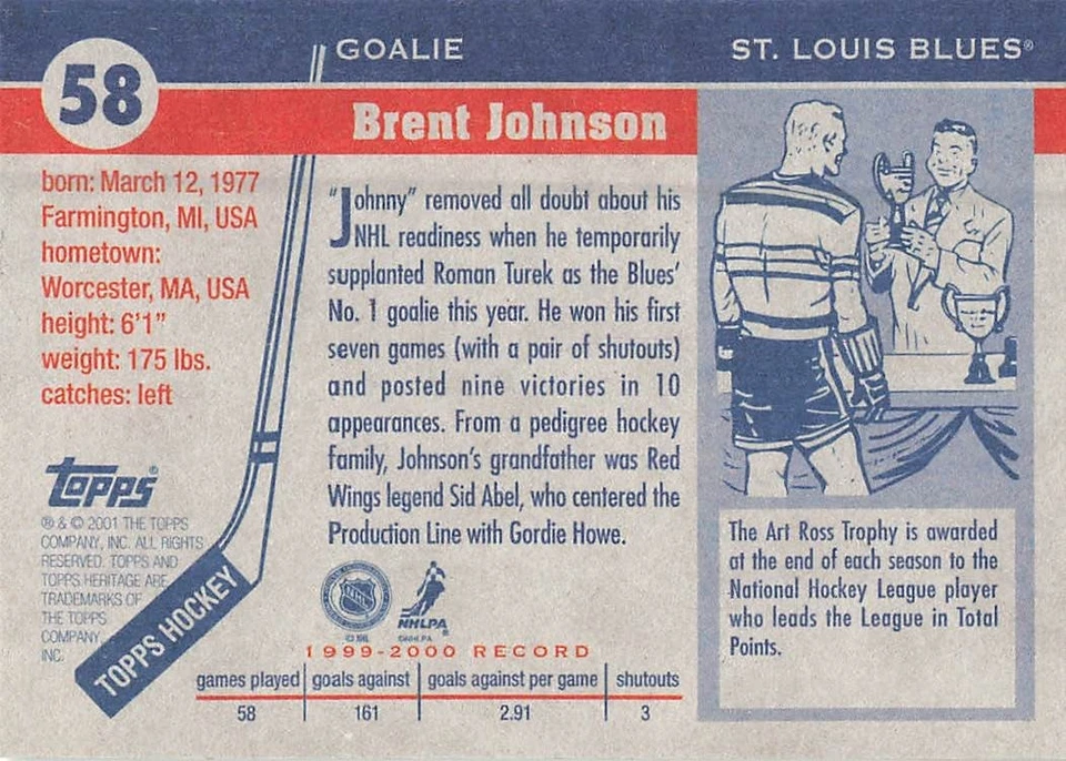 BRENT JOHNSON 2000-01 TOPPS HERITAGE HOCKEY #58 - Image 2 of 2