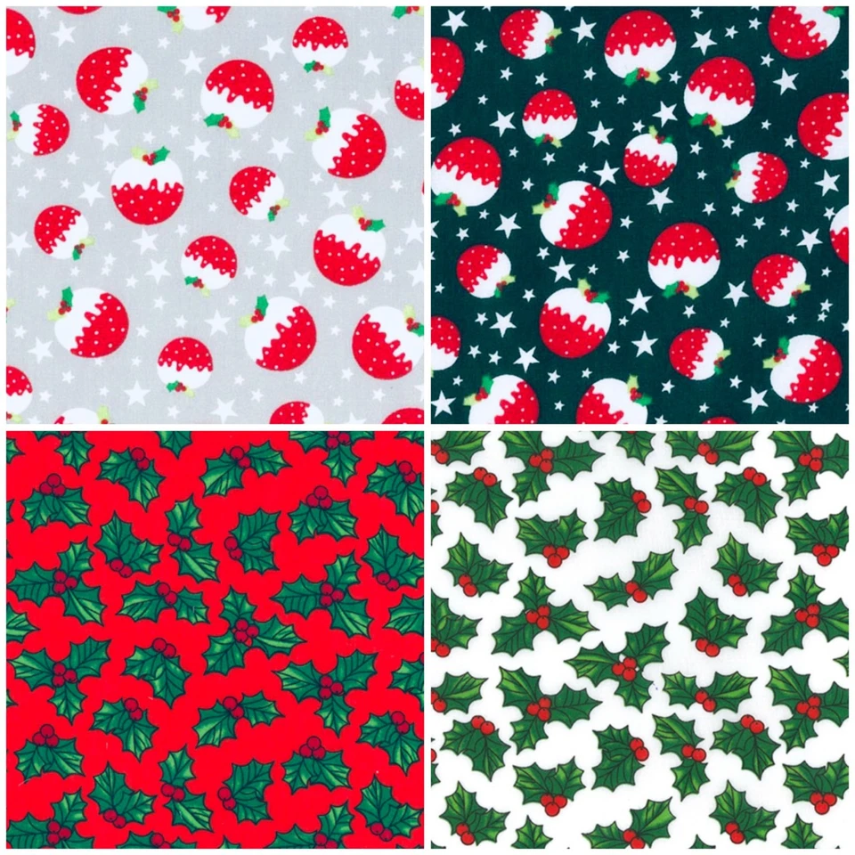 Christmas Poly Cotton Fabric Festive Holly Craft Sewing Material By The Metre