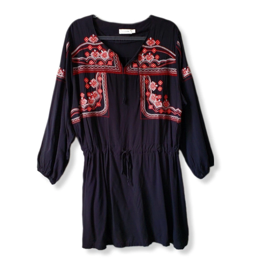 velzera embroidered dress Velzera embroidered striped mini dress tunic S tassels boho festival black white