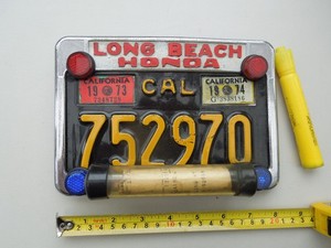 Vintage CAL LONG BEACH HONDA MOTO FRAME + YELLOW BLACK PLATE + 1973-'74 STICKERS