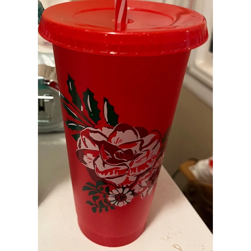 Set Of 4 Starbucks Holiday Poinsettia Tumblers With Lids And Straws - Image 3 of 3