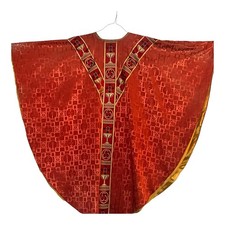 Catholic Priest Vintage Red and Gold Satin Chasuble Vestment