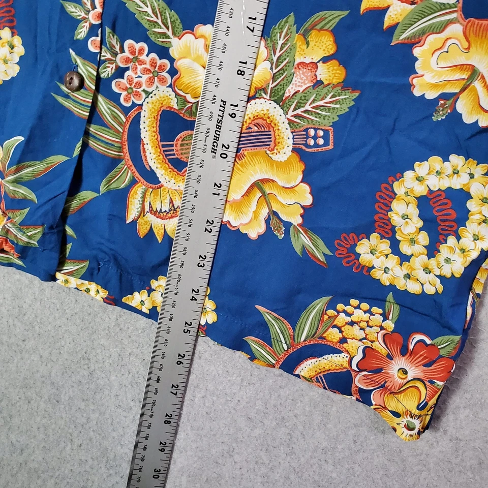 VINTAGE Pineapple Juice Women Top XL Blue Floral Button Up Ukulele Hawaiian - Image 3 of 4
