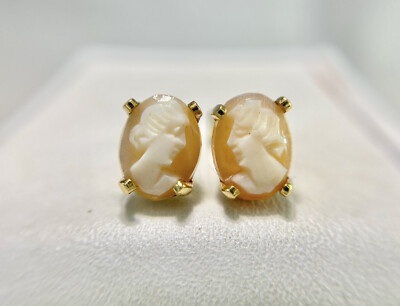 Vintage 14k Gelbgold ovale Form rosa Kamee Dame Silhouette Ohrstecker