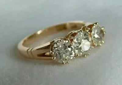 3.00 CT Round Cut Moissanite Three-Stone Engagement Ring 14K Yellow Gold Plated