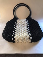 Vtg. 1970's Macrame/Crochet Bag, with Black Hoop Handles, Beautiful Condition