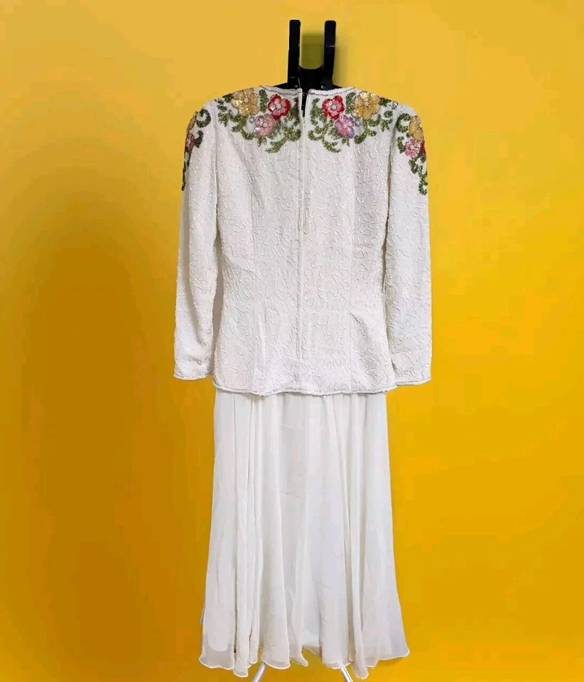 Jack Bryan Marfil Floral Cuentas Manga Larga Chaqueta Midi Mujer Vestido Talla 6 Foto 2 de 4