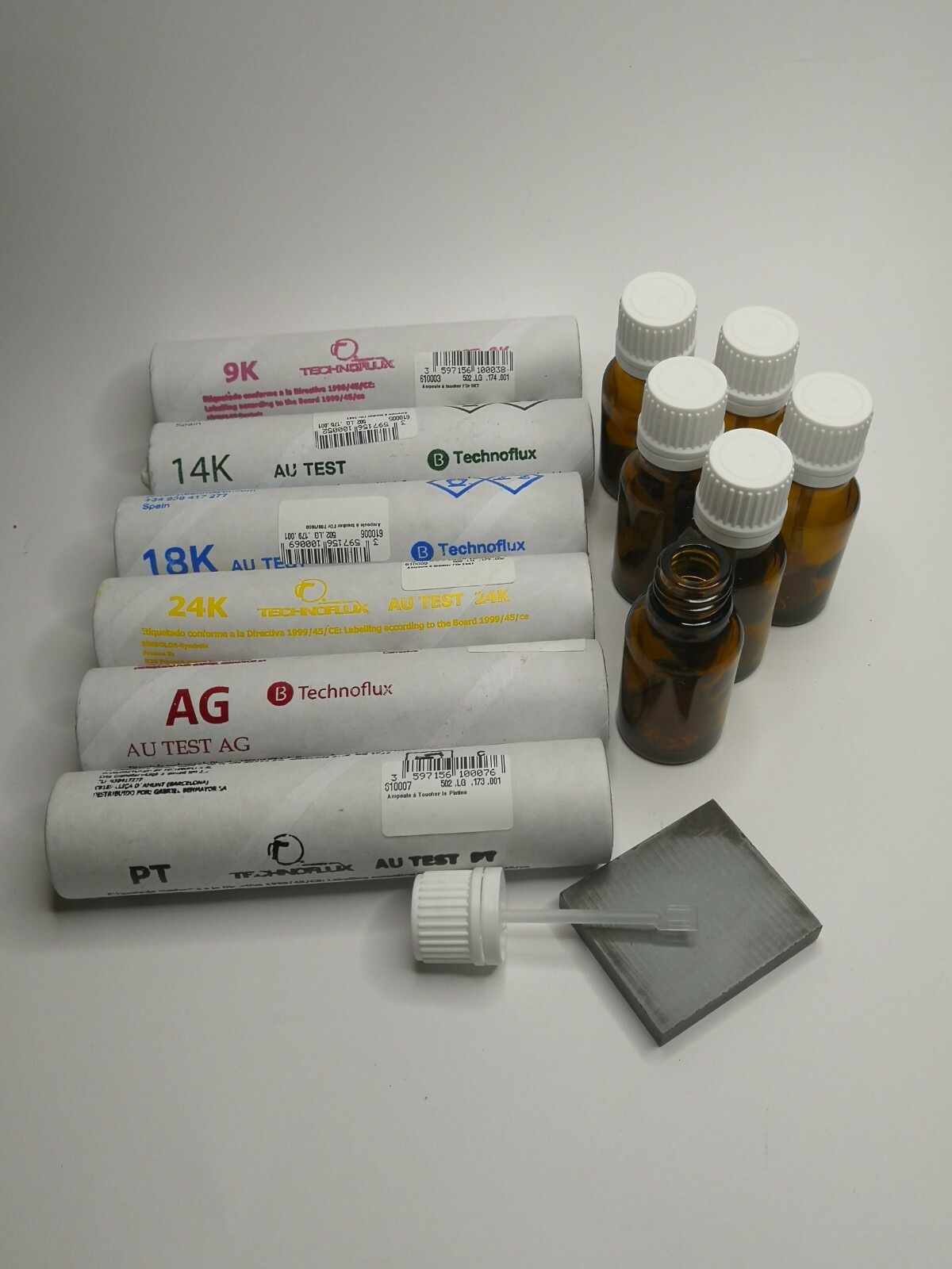 Kit test or argent platine avec pierre de touche naturelle et flacon spatule