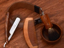 Barber Shaving Kit Set Straight Razor Shaving Brush Strop Wooden Box Father Gift