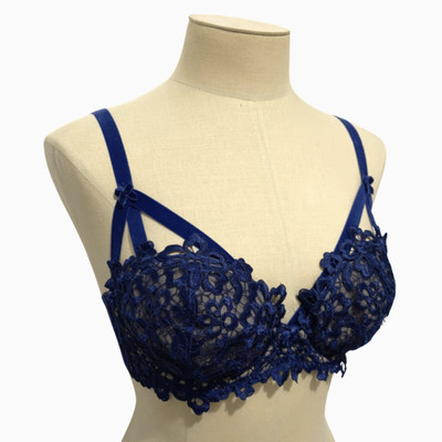 Dita Von Teese Bra 10DD Dahlia Blue Lace Velvet Strapping Balconette Burlesque