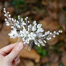 Yean Bride Leaf Bridal Hair Comb Pearl Wedding Hair Piece Rhinestone Silver