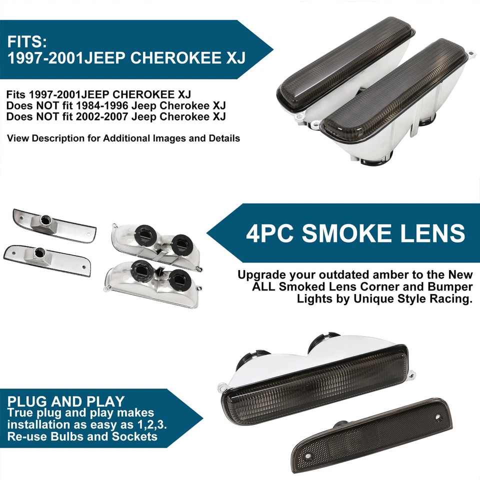 Par de luces de estacionamiento de humo luces de señal de parachoques de esquina para Jeep Cherokee XJ 1997-2001 Foto 2 de 4