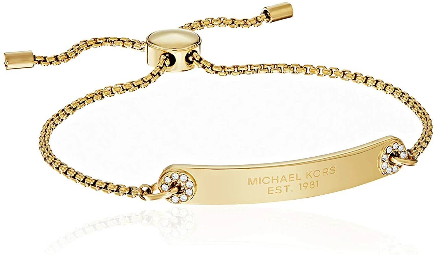 NUOVO BRACCIALE MICHAEL KORS TONO ORO PLACCA CRISTALLI CATENA PULL MKJ6351