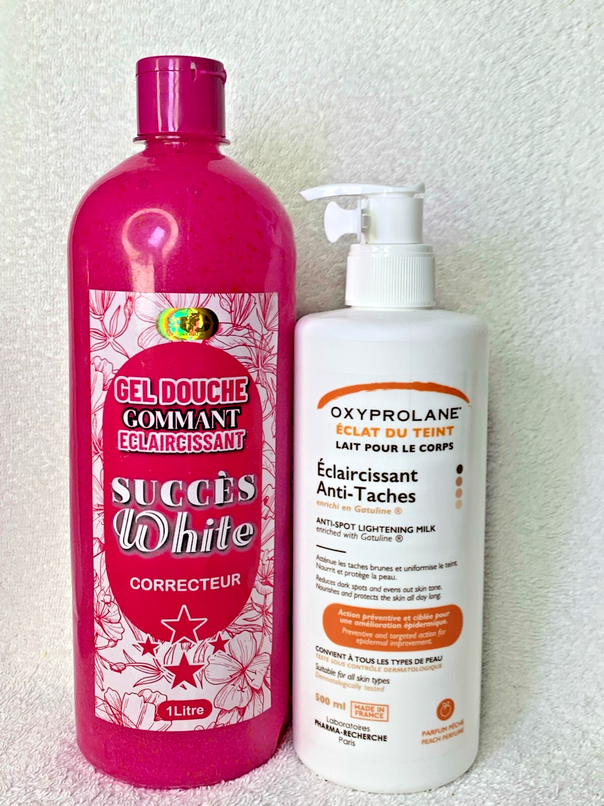 Lait et gel de douche eclaircissant exfoliant Oxyprolane Succes White pour eclat du teint 500ml