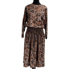 Vintage Starlo Smocked Satin Dress Dress Small Abstract Blouson Modest Artsy USA