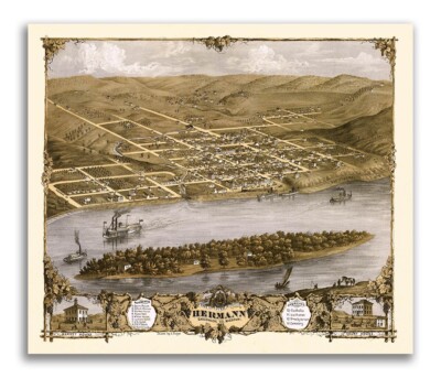 1869 Hermann Missouri Vintage Old Panoramic City Map - 16x20