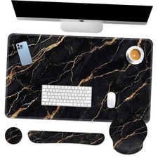 Keyboard Mouse Pad Set, 4 in 1 Desk Mat Set, Black Marble Black Gold Marble2