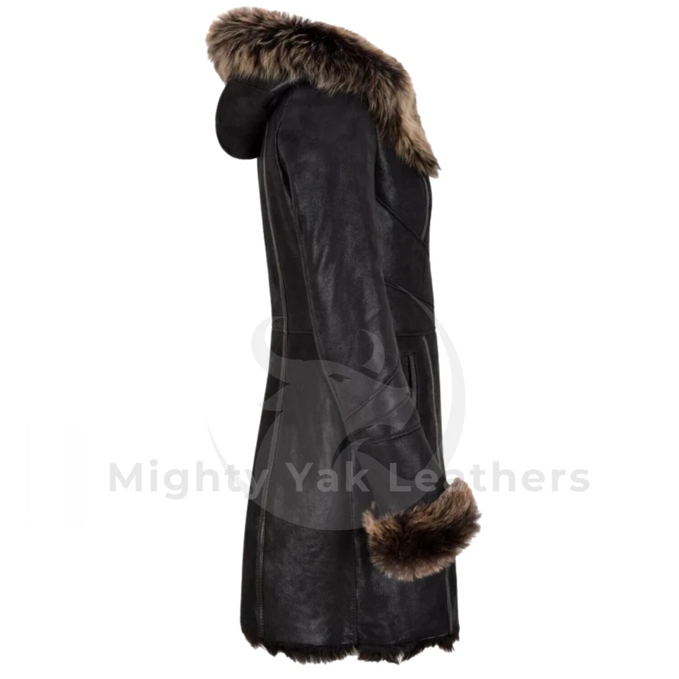 Chaqueta de cuero de piel de oveja negra y marrón con capucha abrigo largo de motociclista para mujer Foto 3 de 4