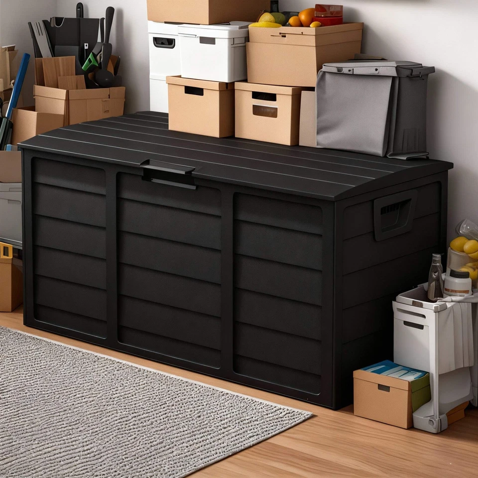 Caja de cubierta exterior de alta resistencia de 75 galones - Caja de almacenamiento impermeable para patio con bisagras Foto 3 de 4