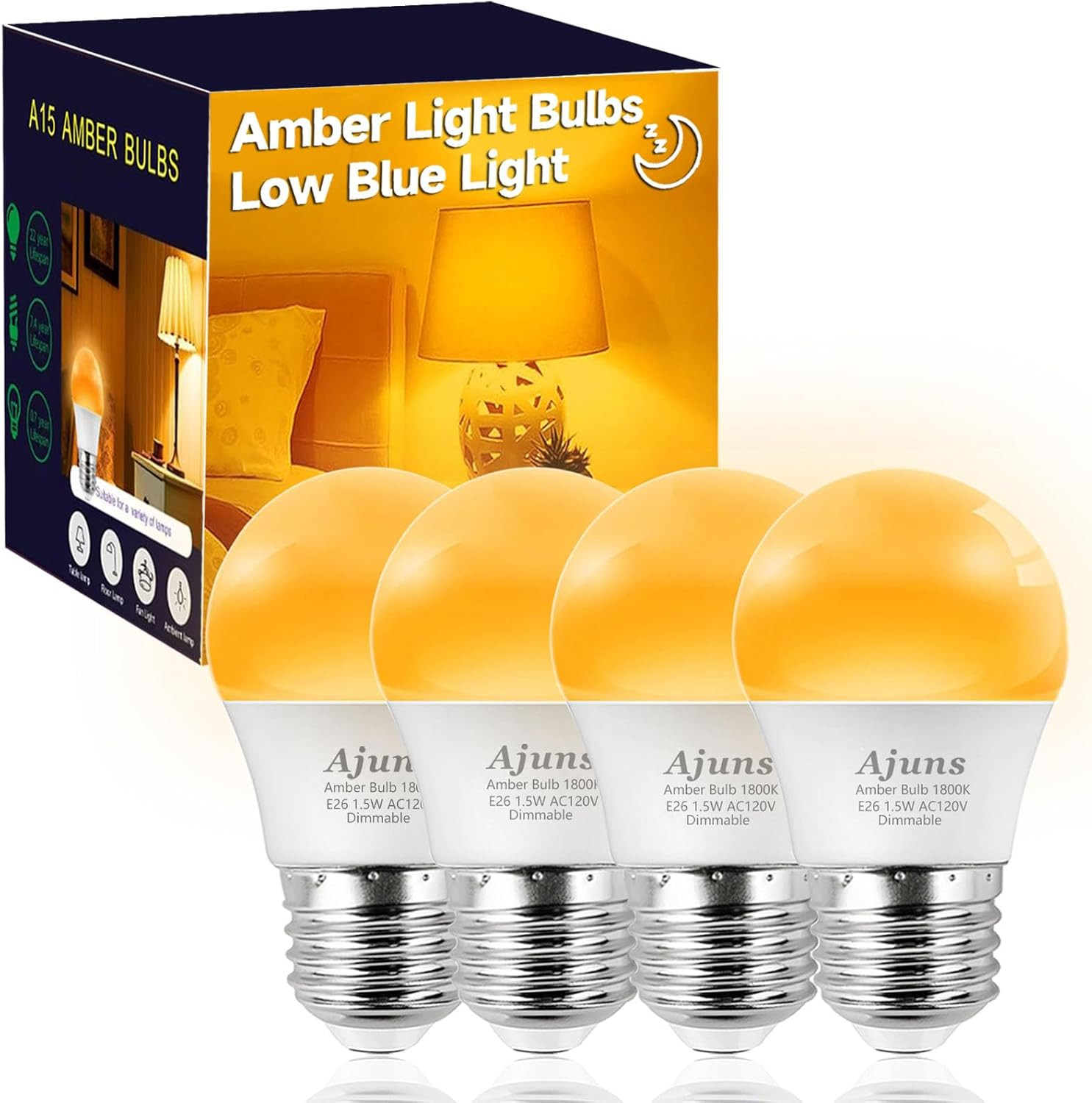 Amber Sleep Light Bulb Dimmable, Blue Light Blocking, A15 E2