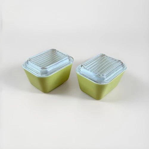 TWO Vintage PYREX Yellow Refrigerator Dishes 501B 1-1/2 Cup With Lids