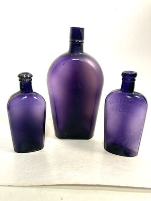 Vintage Purple Glass Whiskey Bottles, 1 EMBOSSED, 2 plain, DUG bottles, set of 3