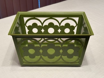 Vintage MCM Harvest Avocado Green Daisy Napkin Holder Basket 1960 s/70 s